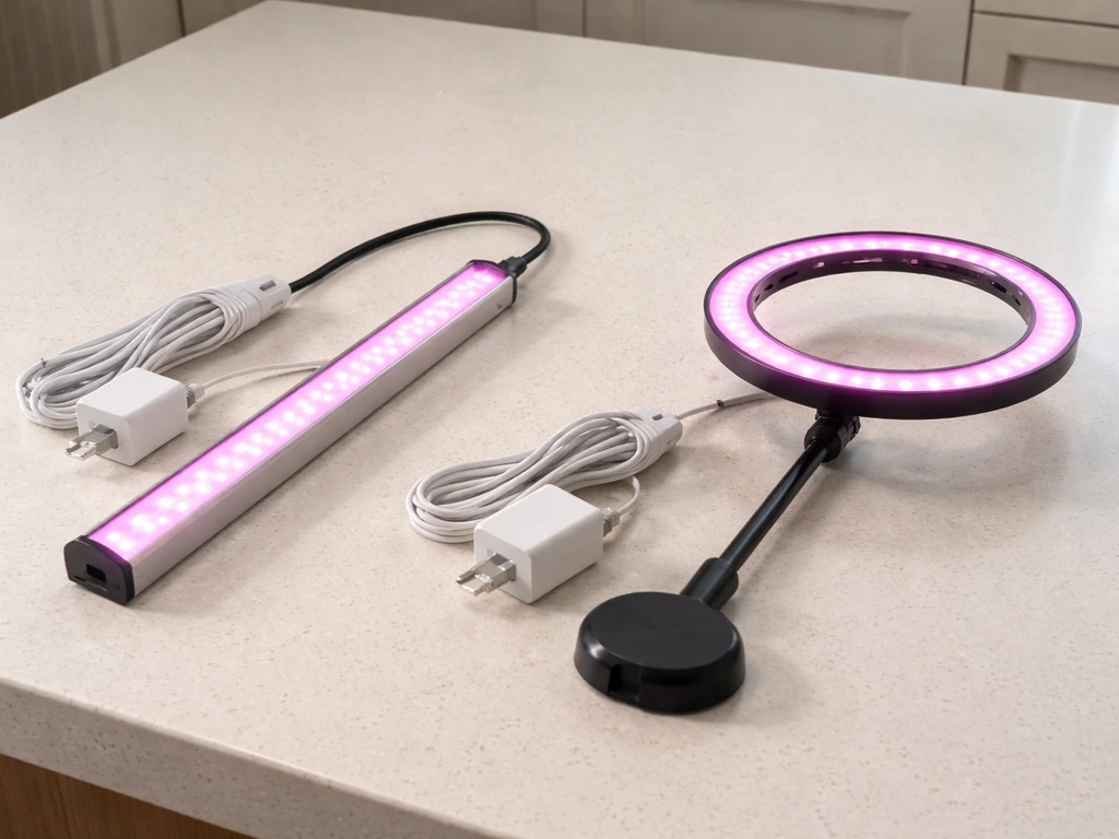 Two compact grow light units on a table—one slim LED strip style and one circular halo style—ready to compare.