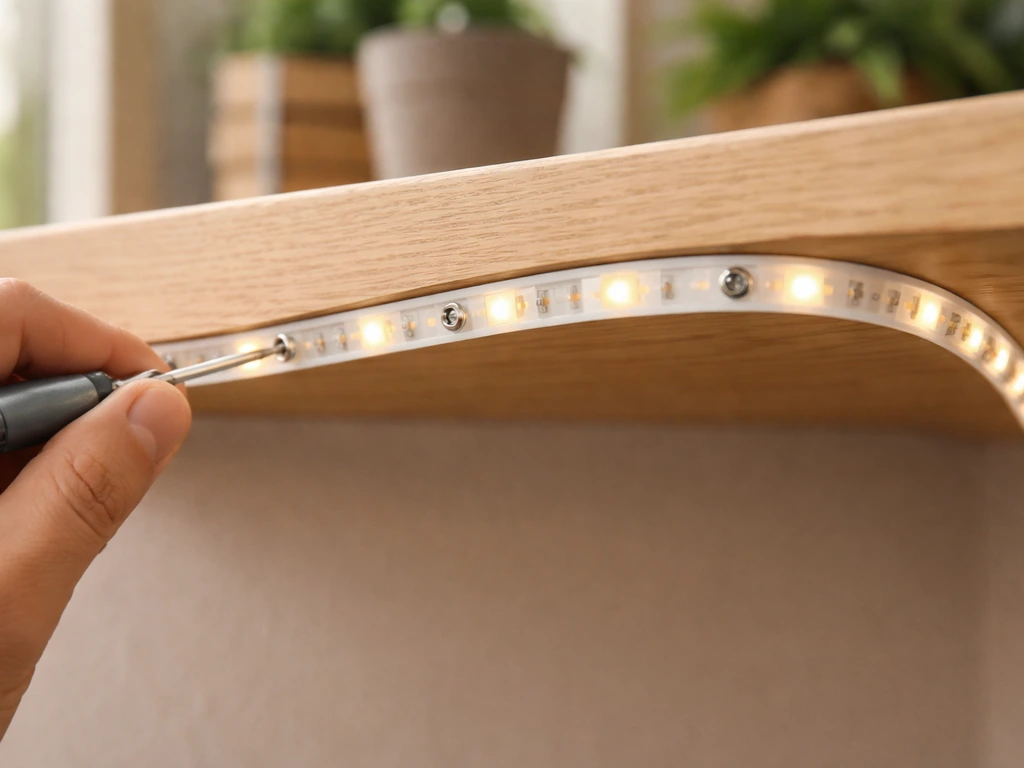 Close-up of an LED strip mounted to a wood shelf with small screws, showing a clean installation setup