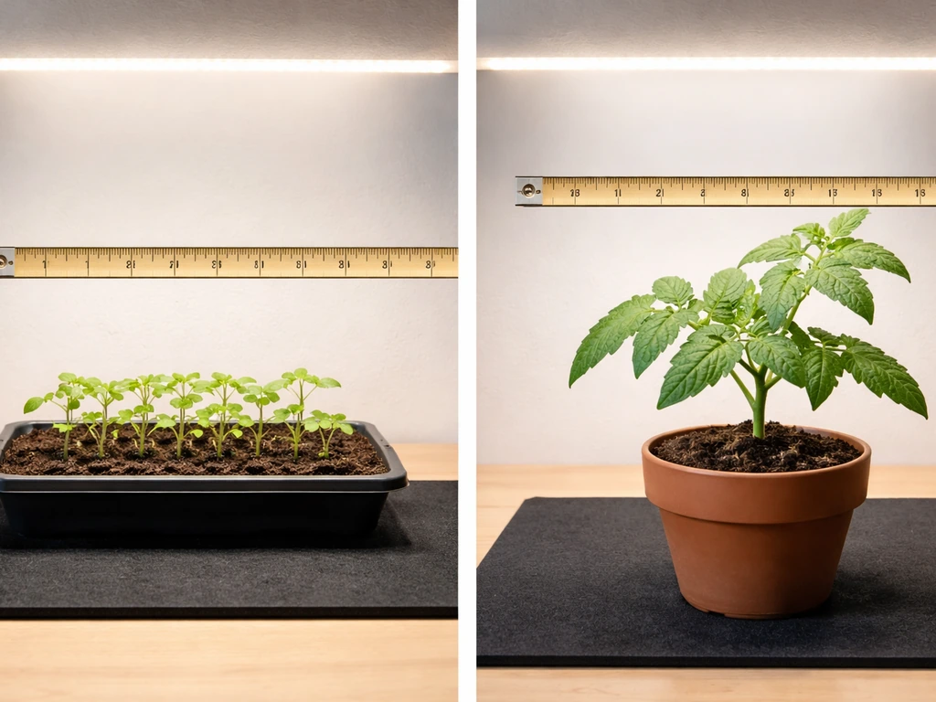 Two potted plants (seedlings and mature) under grow light with measuring tape showing different safe distances.