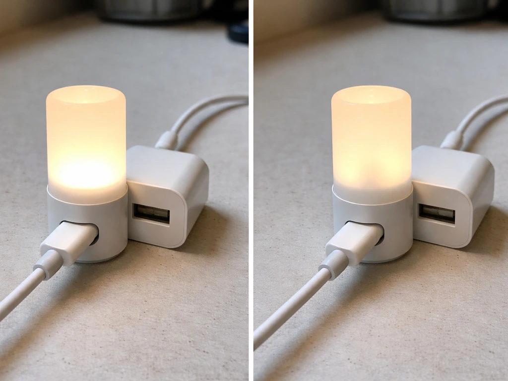 Side-by-side close-up of a secure USB power connection lighting an LED versus a loose connection keeping it off.
