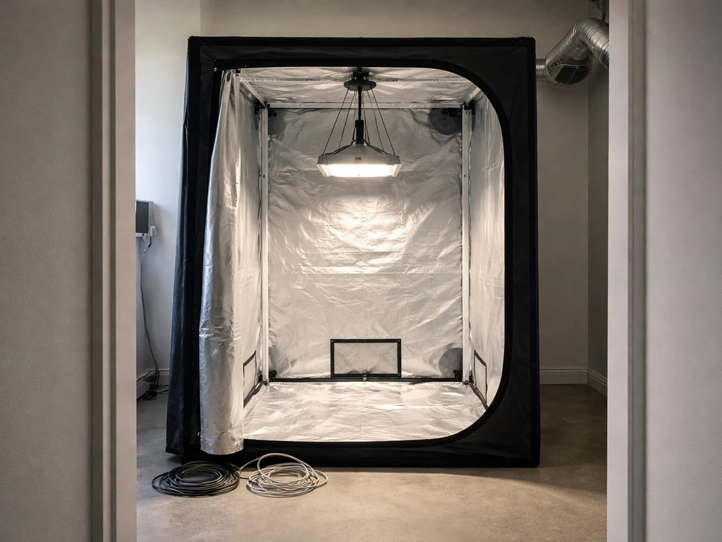 Indoor grow room with an open Lighthouse 2.0 grow tent and a hanging grow light, ready for setup.