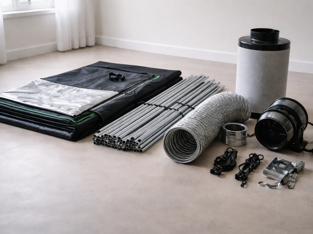 Lighthouse 2.0 grow tent kit components spread on a clean floor for inventory check