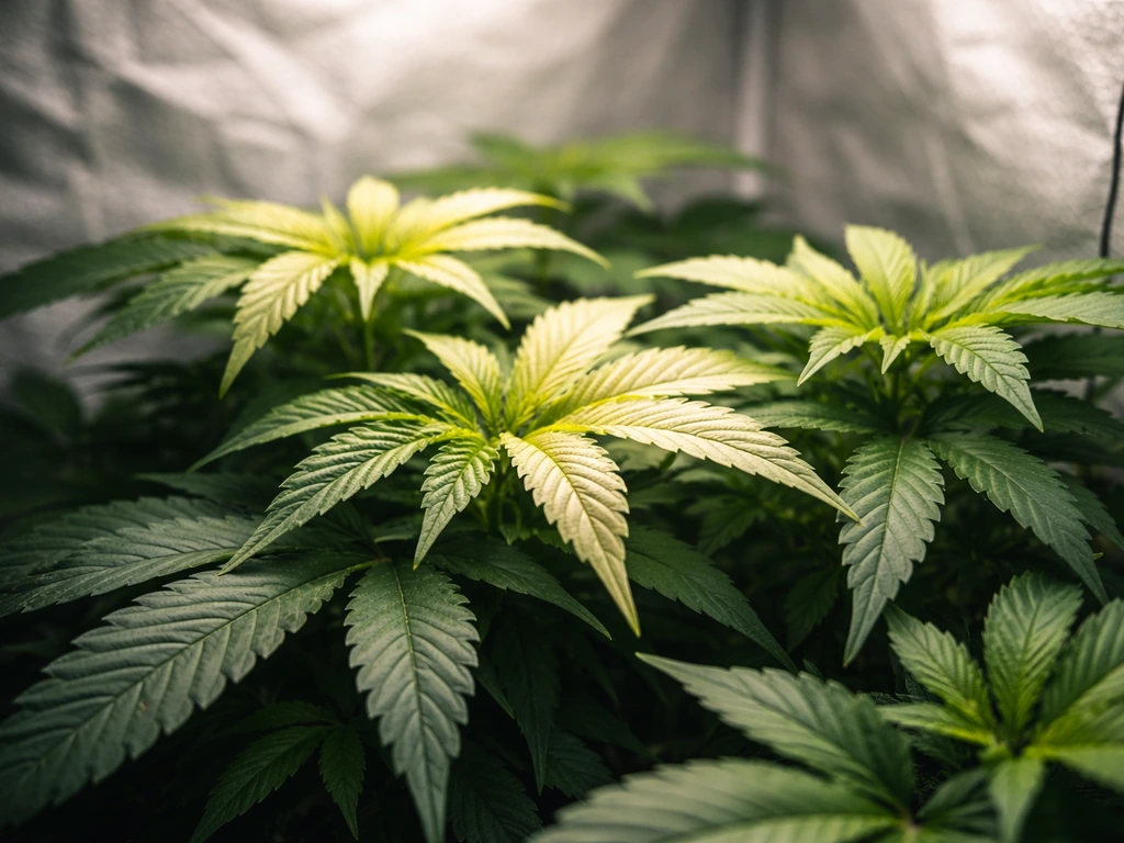 Close-up of a plant canopy with pale yellow-bleached leaf tops under a grow light