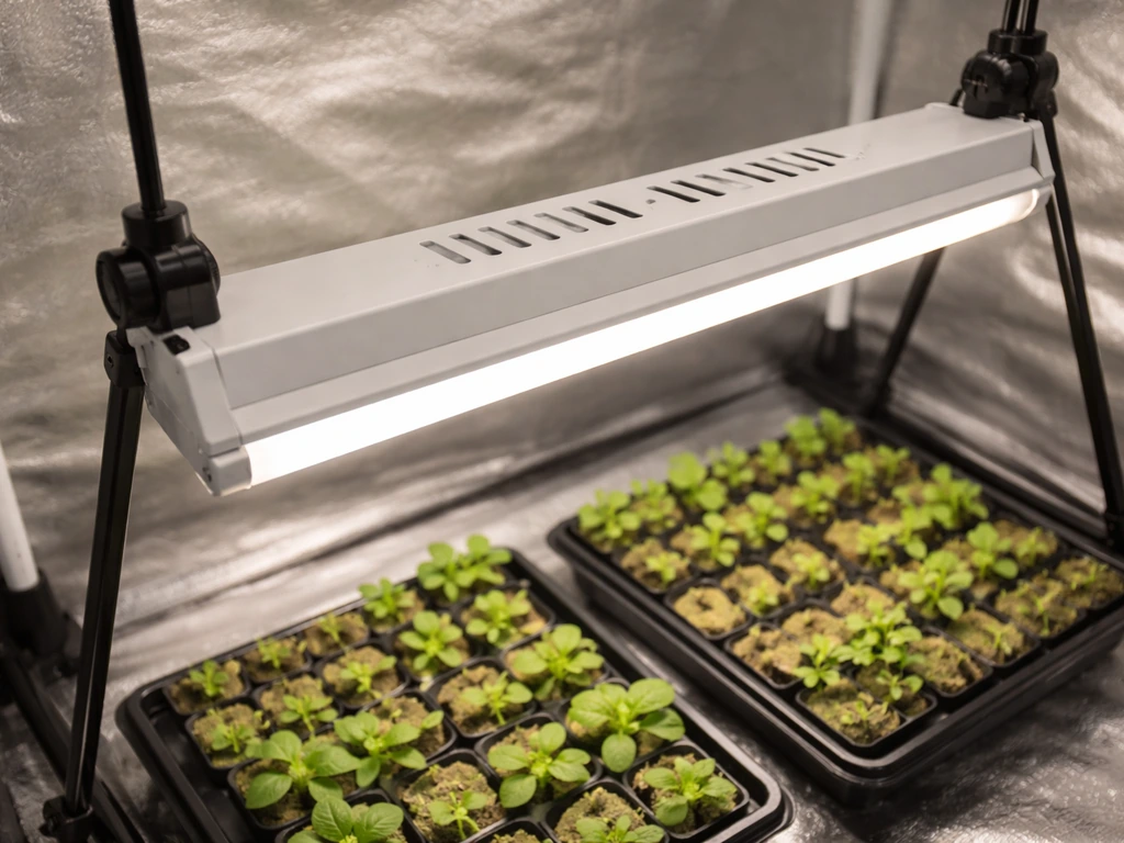 Overhead view of a mounted hydroponic grow light shining over seedlings in a clean tent