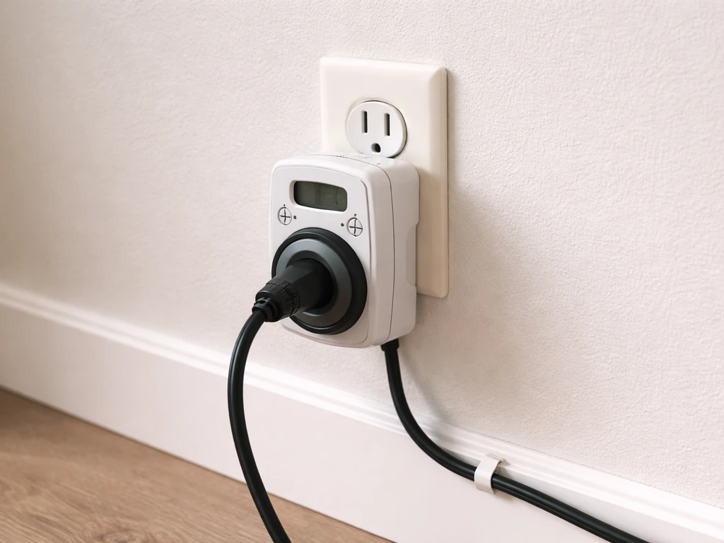 Grounded wall outlet with a timer plugged in and a grow light cord routed neatly.