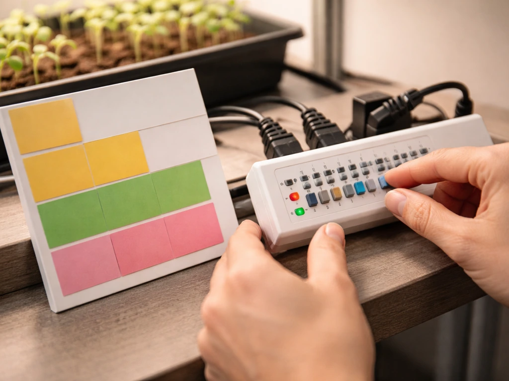Hands adjusting an inline grow-light timer with a blank growth-stage color-block chart beside seedlings.