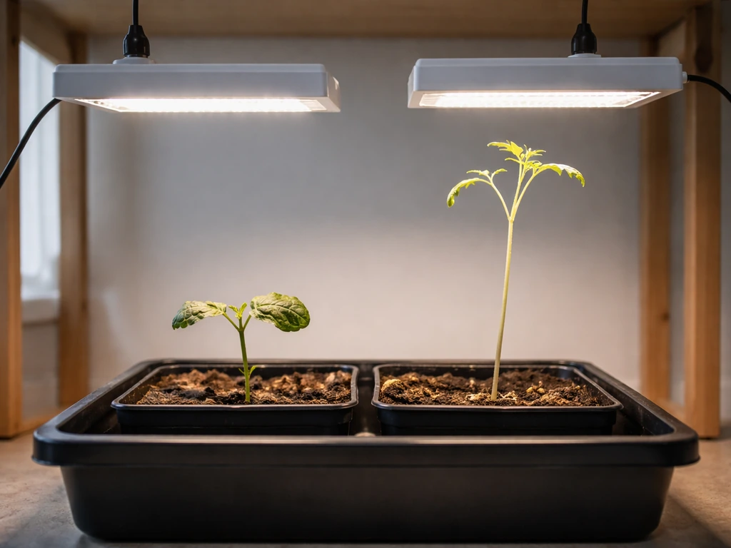 Two nearby potted seedlings showing scorched leaf edges and leggy growth under a grow light setup