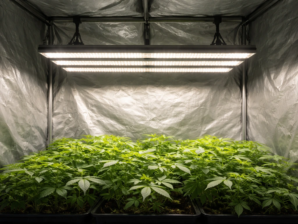 Overhead view of an indoor grow tent with a mounted LED grow light above healthy plants