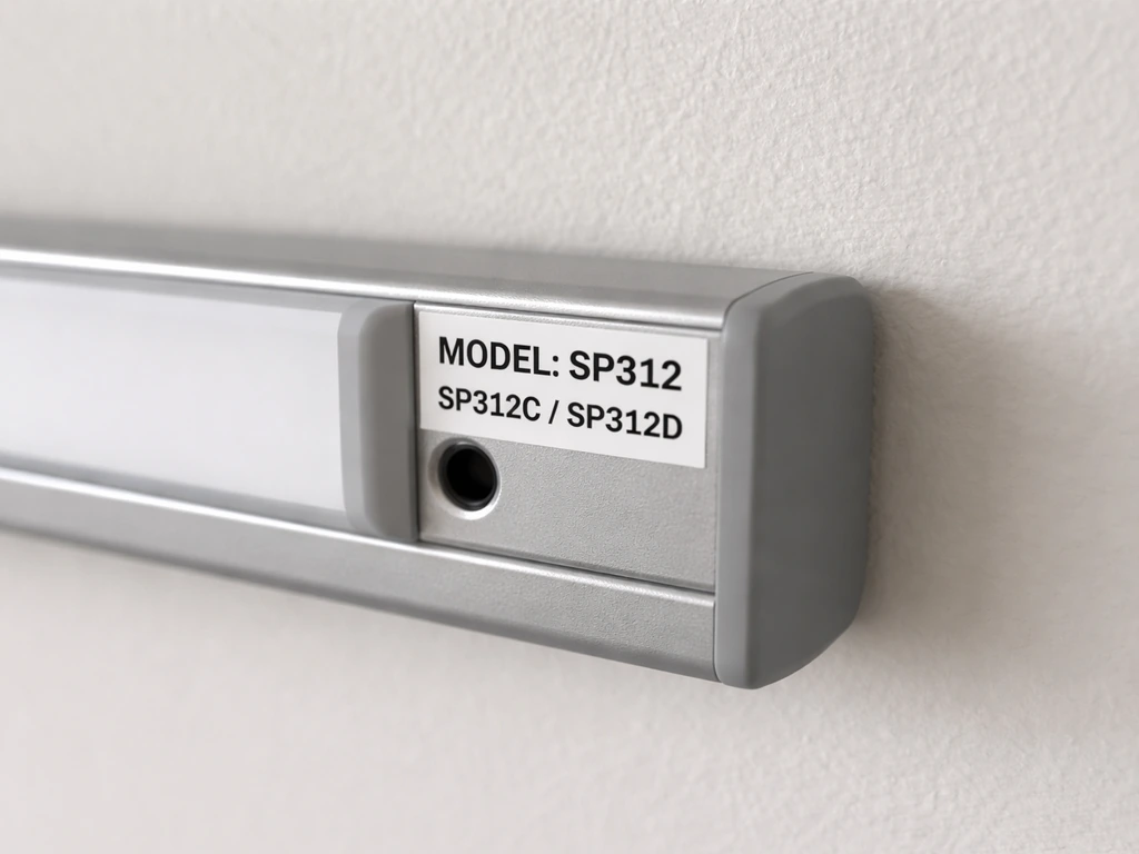 Close-up of a light bar’s model label showing SP312C and SP312D for identification.
