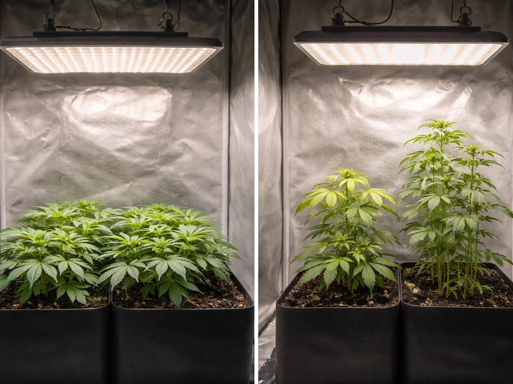 Split view of seedlings under grow light: correct height shows healthy leaves; too close shows yellow tips; too far show