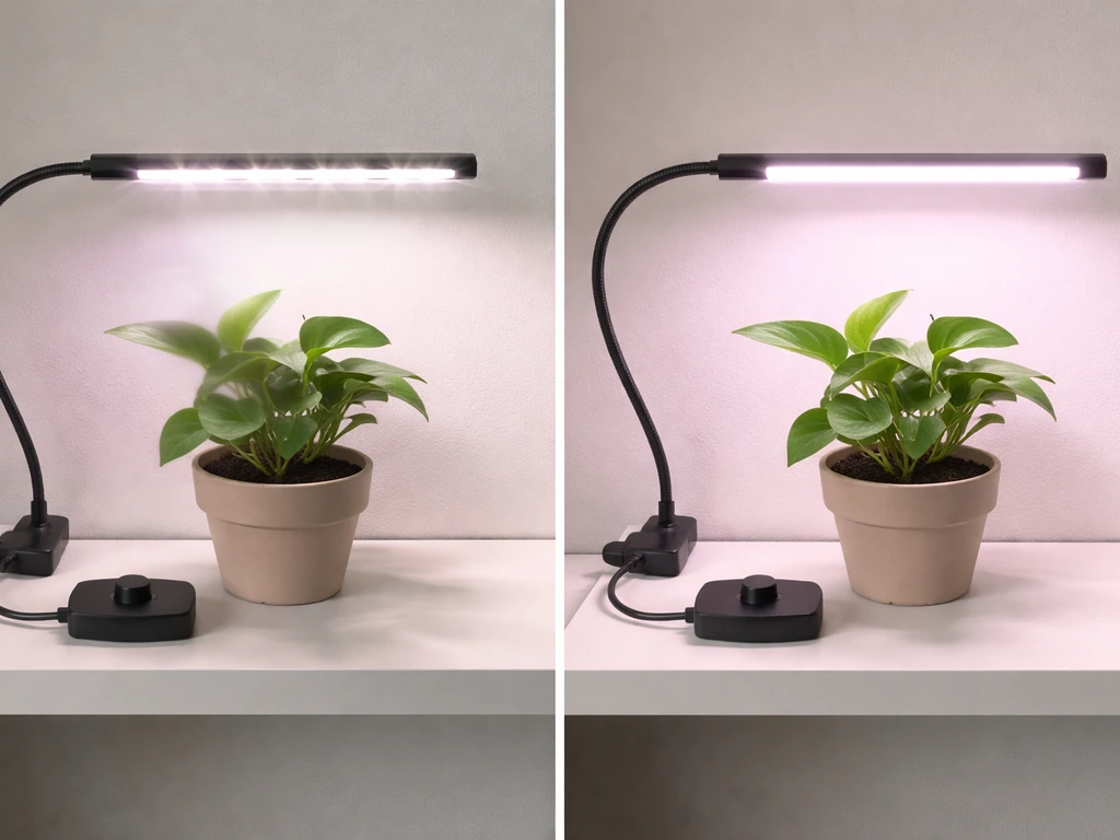 LED grow light over a potted plant with unstable low-brightness flicker contrasted by steadier light after adjustment