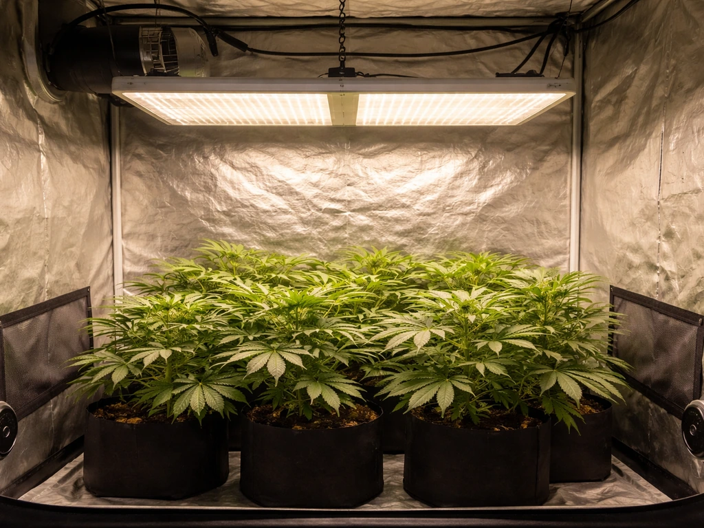 Bright grow tent with an overhead LED fixture shining on healthy plants in tidy pots