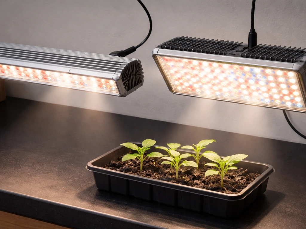 Close-up of bar and panel LED grow lights beside seedlings on a workbench, comparing coverage.