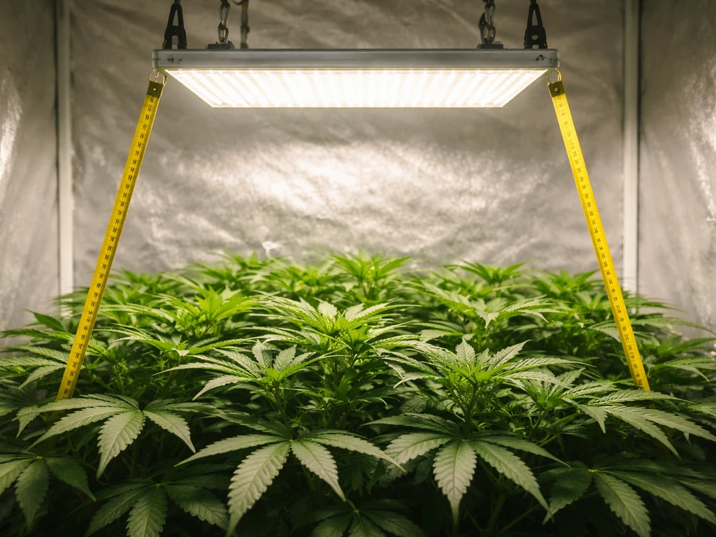 Plant canopy under a hanging grow light with measuring tape showing height and distance spacing.
