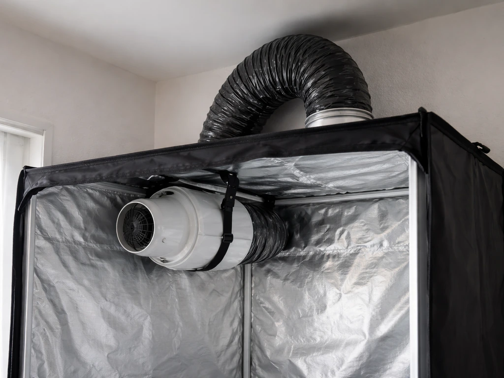 Close-up of an inline exhaust fan mounted at the top of a grow tent with ducting flowing outward