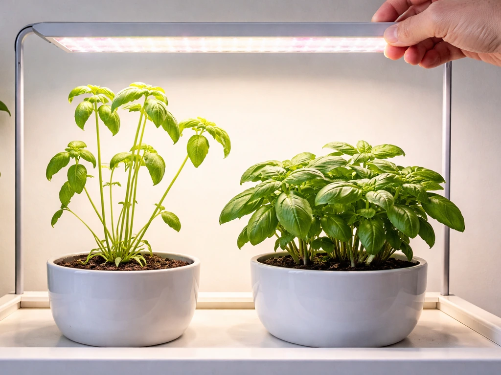 Close-up of leggy etiolation plant beside a compact healthy canopy under grow light; someone adjusts light height.