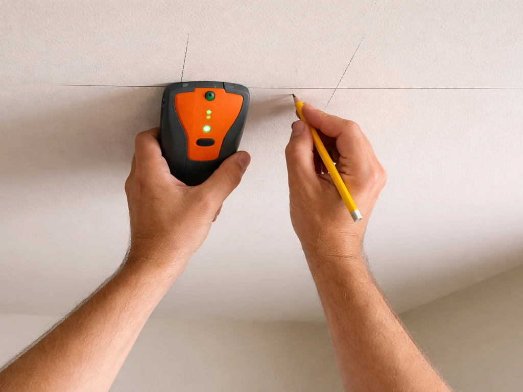 Hands using a stud finder on a ceiling and marking joist edge lines with a pencil.