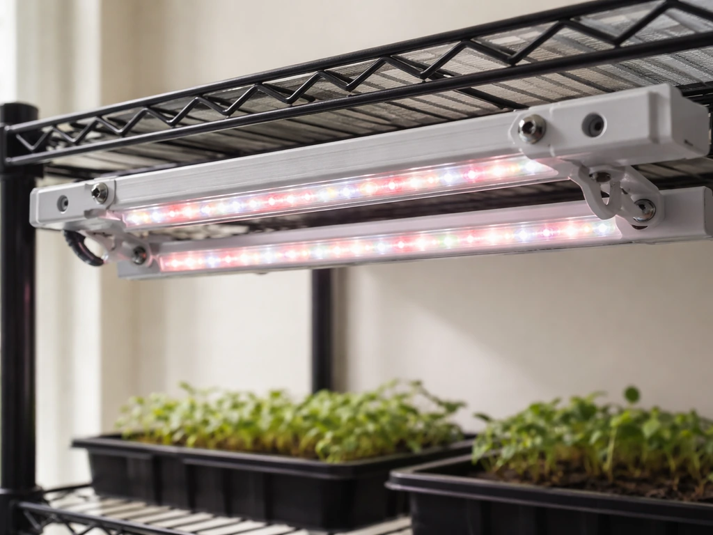 Close-up of a bar-style LED grow light mounted on a shelf grow rack with visible mounting points.