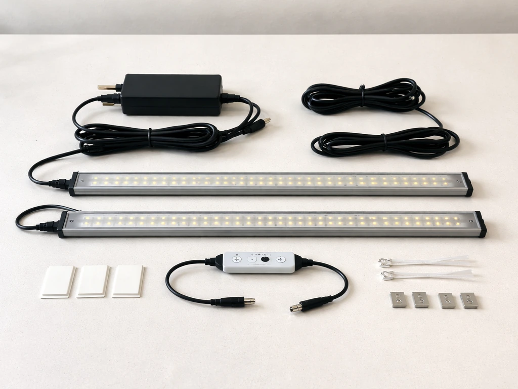 Grow light box contents laid out neatly on a table: power adapter, light bars, controller, and mounting accessories.
