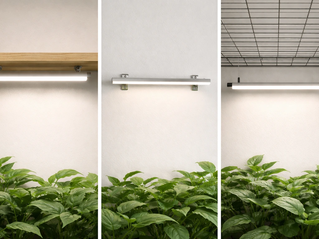 Three minimal mounting setups showing a plant light bar on a shelf, frame, and wire rack above leaves.