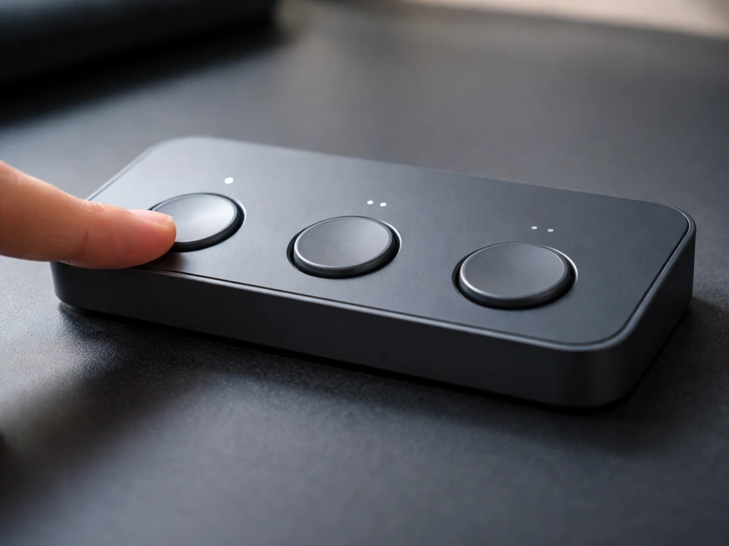 Close-up of a 3-button controller in use, showing power, brightness, and bar selection controls