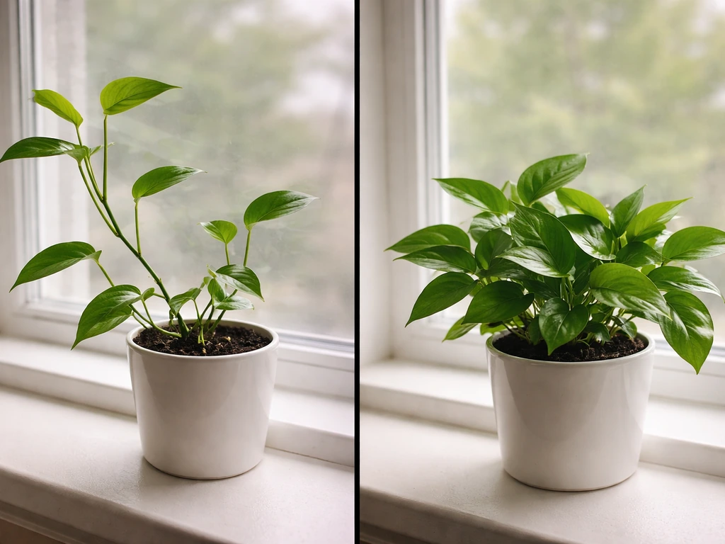 Two houseplants side by side: one leggy and stretched, the other compact and healthy by a window.