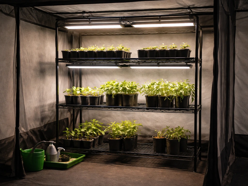 Indoor grow tent with several grow lights shining on potted seedlings at different stages