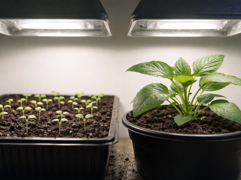 Close-up of seedlings vs leafy young plants under grow lights, simple minimal indoor setup.