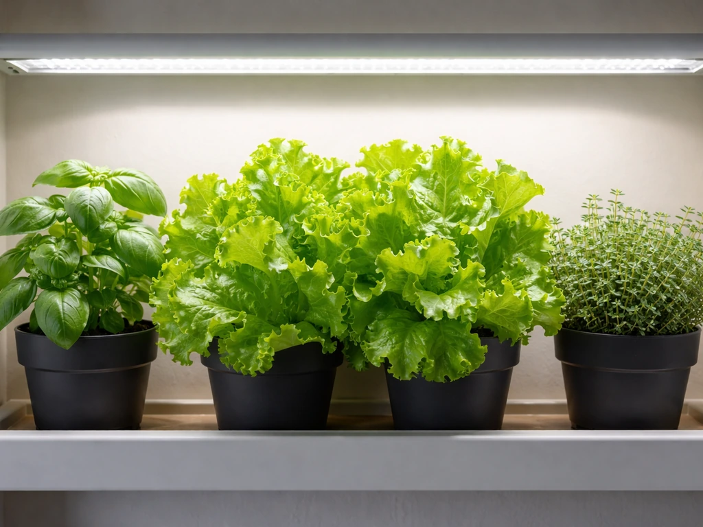 Fresh leafy lettuce and small herbs under an LED grow light in a simple indoor setup