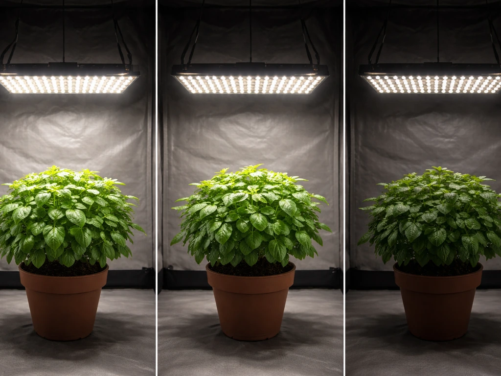 Three potted plants under the same LED grow light at different distances showing close/ideal/far brightness.