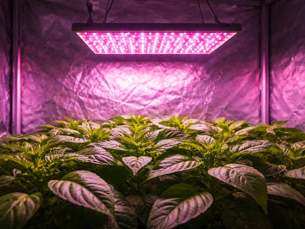 Indoor plants under bright LED grow lights with visible coverage across leafy canopies