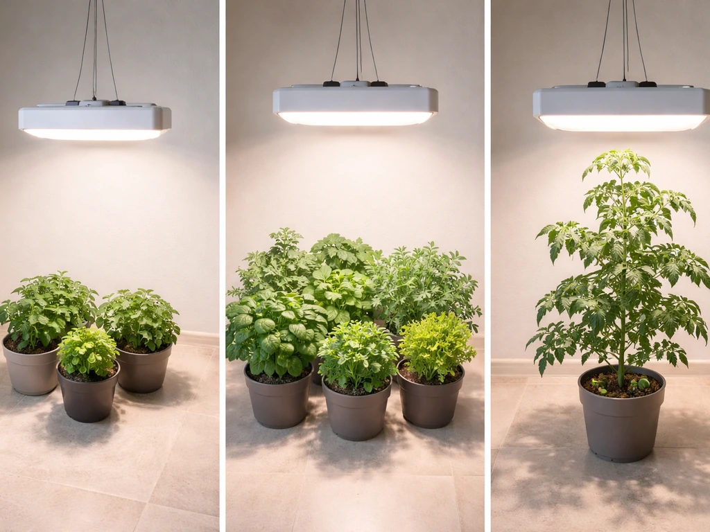 Top-down view of three compact LED grow light fixtures over potted plants in simple indoor garden setups.