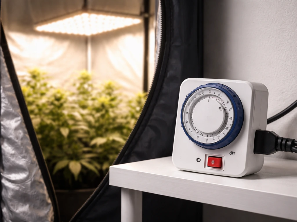 Timer module and LED grow tent with an on/off lighting cycle in an uncluttered indoor grow space