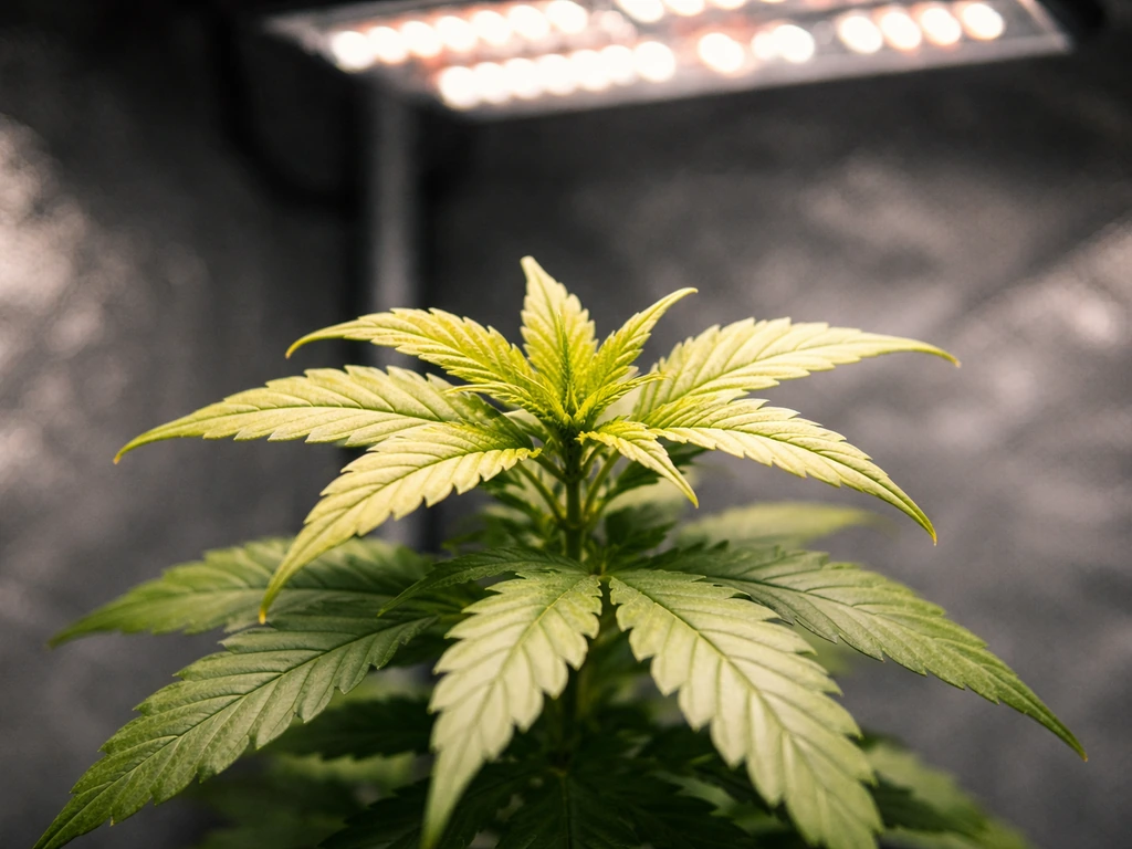 Close-up of plant leaves near an LED grow light showing yellowing and slight curl
