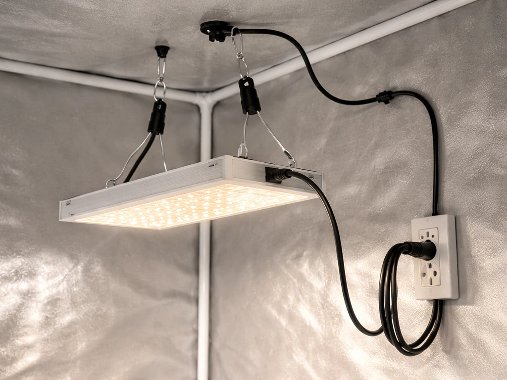 Grounded outlet plug and neatly managed LED grow light cables with angled, non-glare light on.