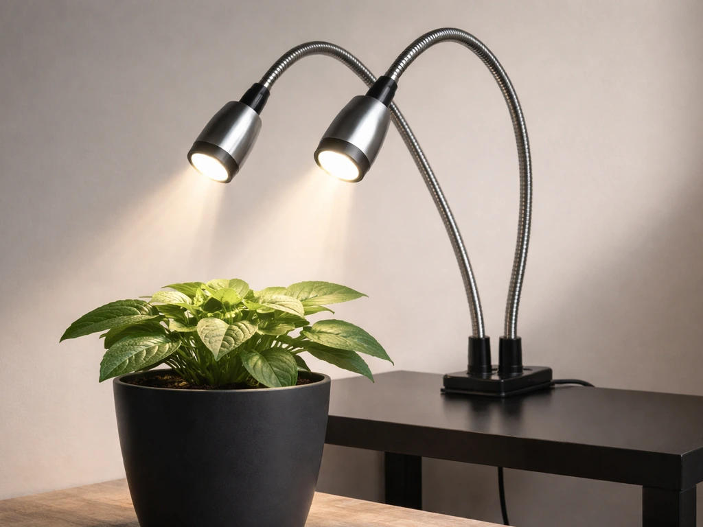 Flexible gooseneck LED grow light mounted above a small indoor plant, heads aimed at the canopy.