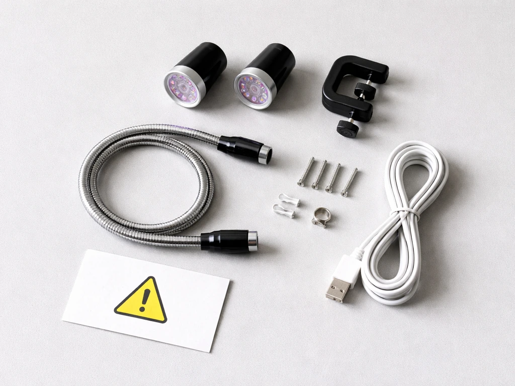 Flat-lay of a flexible LED grow light kit components with a small safety reminder icon.