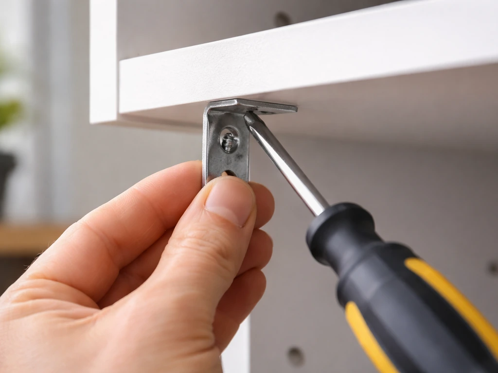 Hand driving a screw into a pilot hole to mount a bracket under a shelf/grow cabinet.