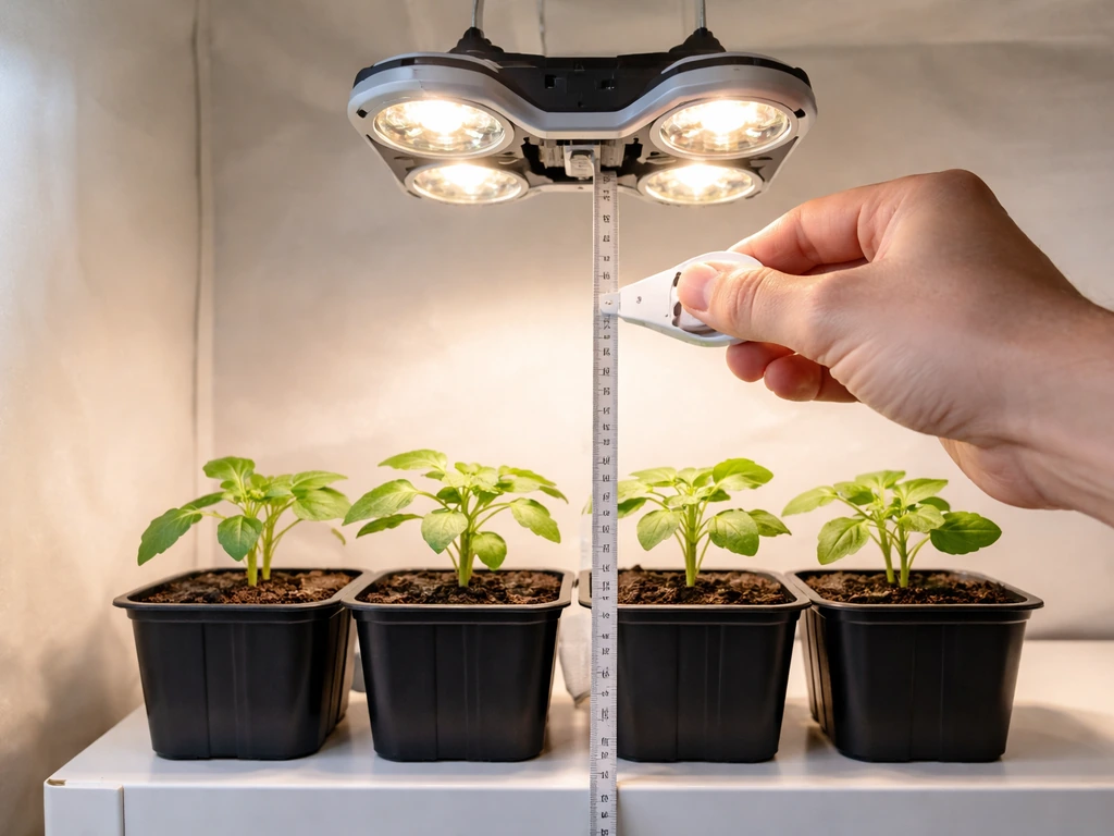 A hand measures the distance from a grow light to seedling canopy on a simple shelf.