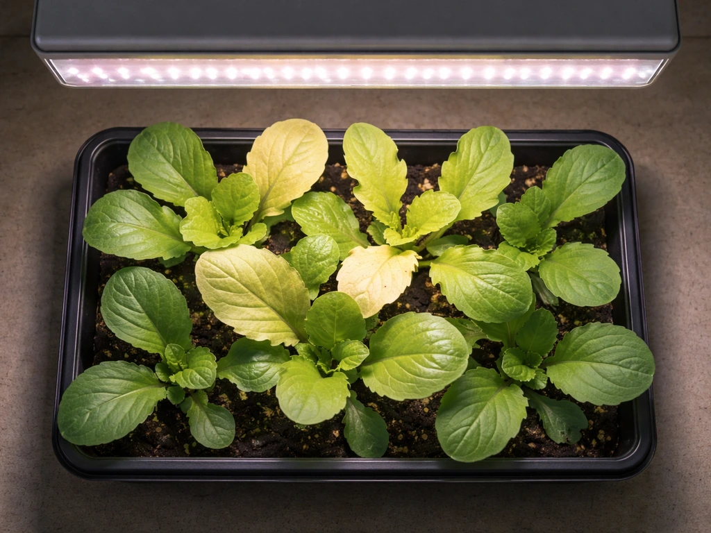 Overhead view of leafy plants under an LED grow light showing bleaching and brown tips near the lamp.