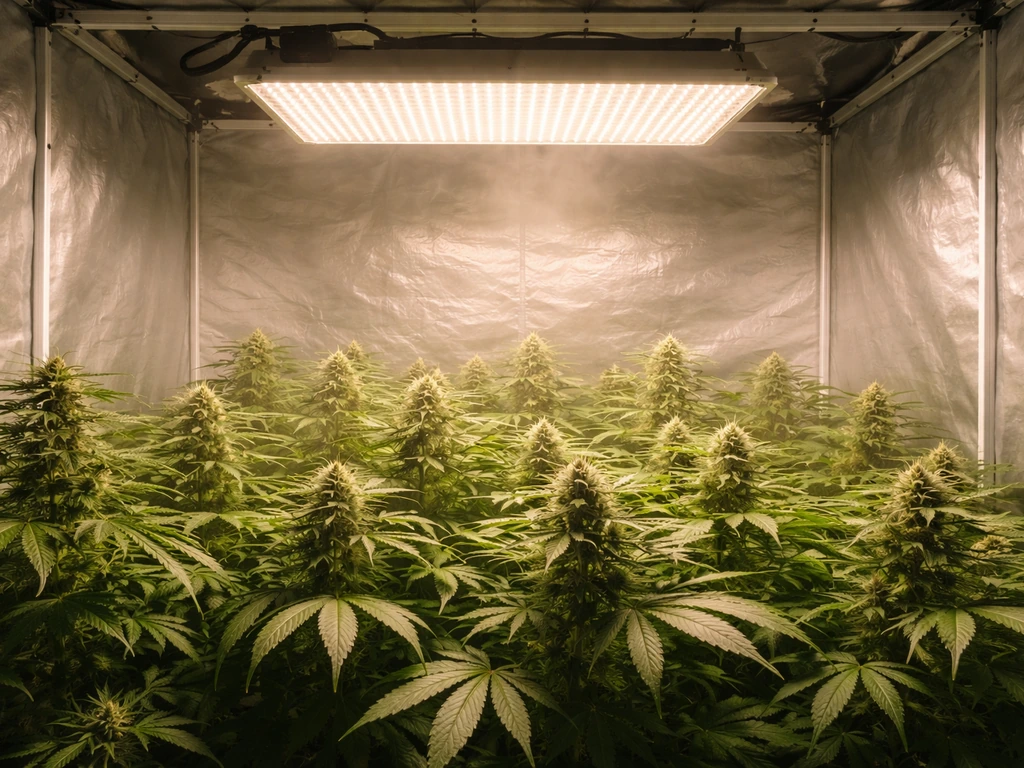 LED grow light glowing inside a cannabis grow tent above the canopy