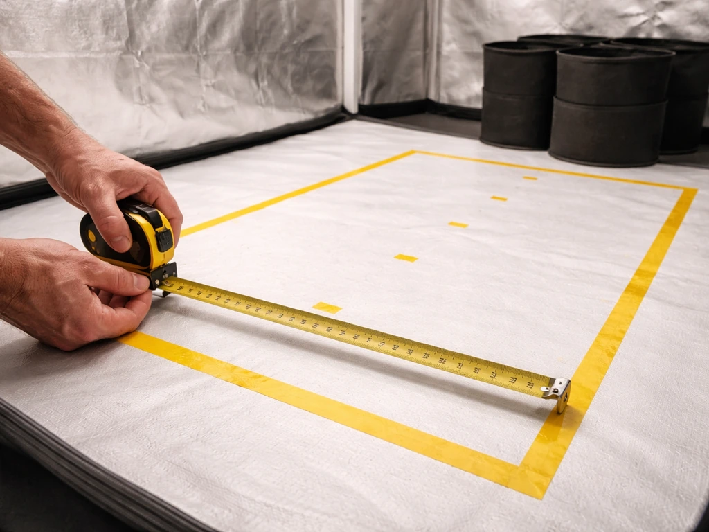 Close-up of measuring tape and floor tape outline marking a grow tent footprint and spacing