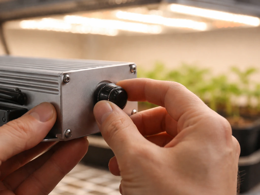 Hands adjusting a dimming knob on an LED grow light driver beside seedlings under grow lights