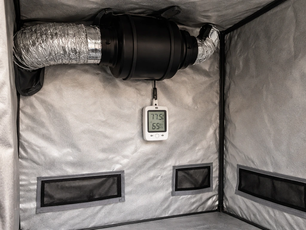 Cannabis grow tent airflow setup with inline fan exhausting air, intake vents at bottom, and a clip-on sensor