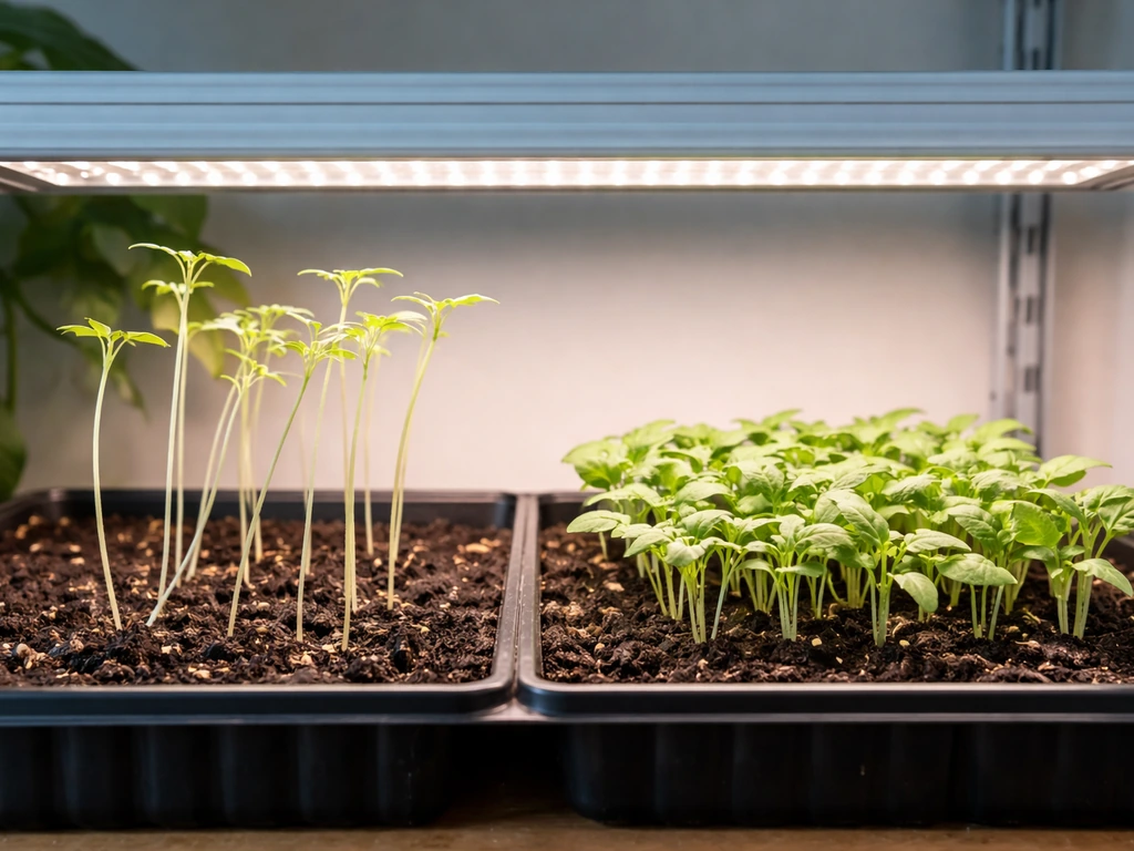 Spindly seedlings stretching toward a lowered LED grow light beside compact healthy seedlings
