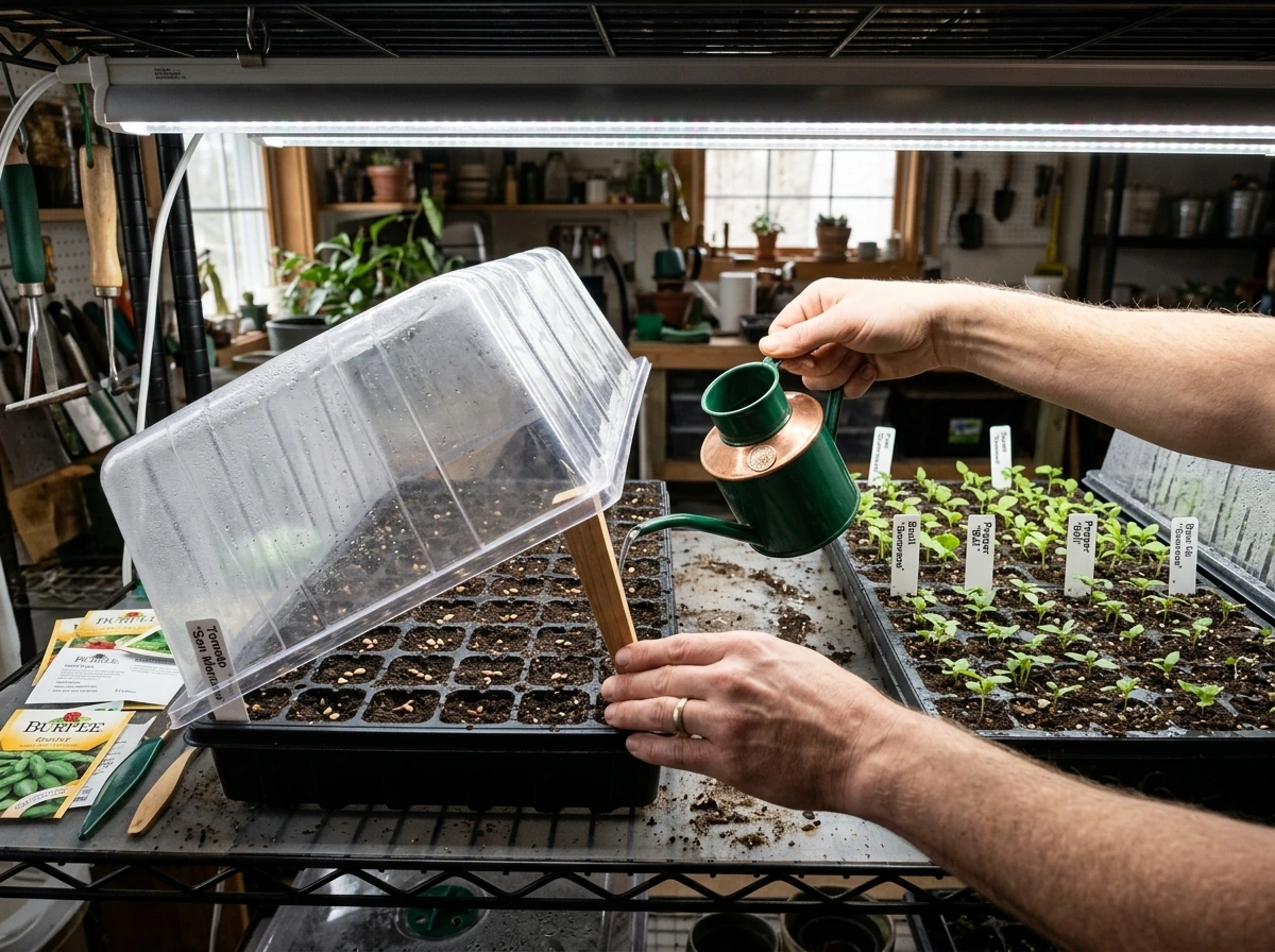 Seed-starting workflow under grow lights: sowing mix, dome, and early seedlings