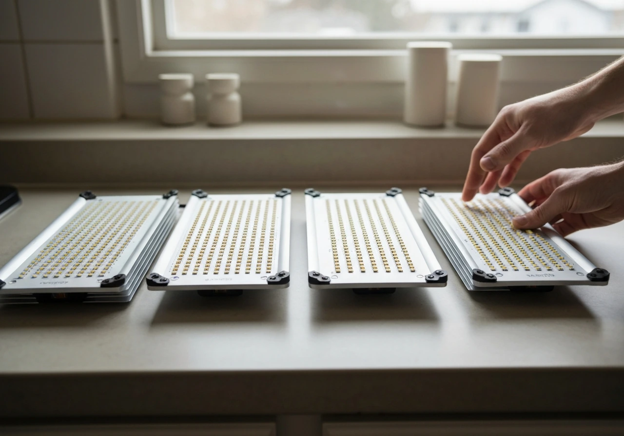 Close-up comparison of three LED grow light panels with visible LED arrays and heatsinks.