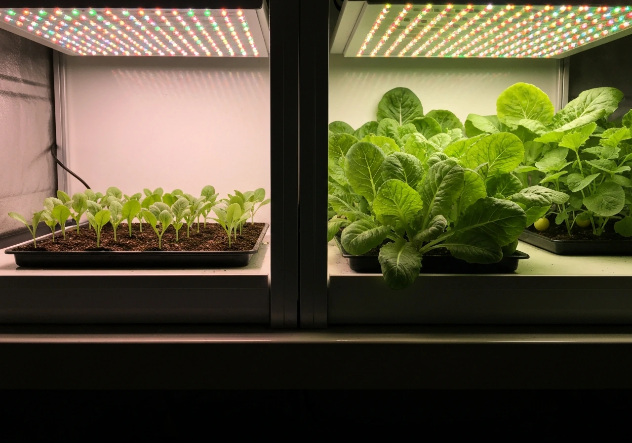 Indoor grow bench with seedlings under dim light and larger greens under brighter LEDs in two zones.