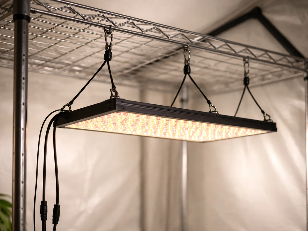 LED grow panel mounted on a wire shelving rack with hooks and neatly routed cords.