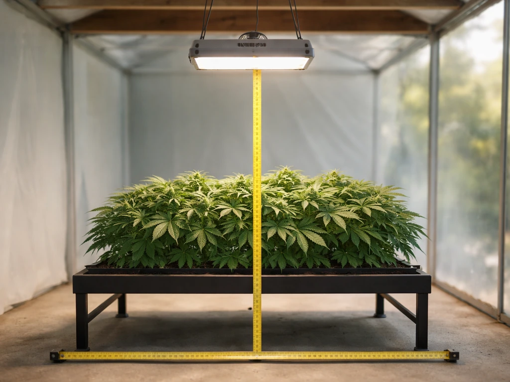 Grow light suspended above plant canopy with tape measure showing height and distance